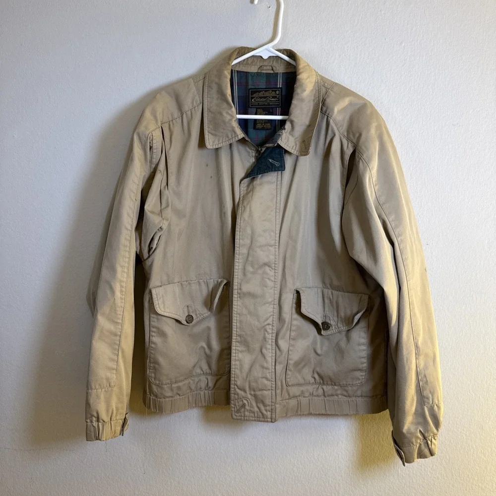 Vtg Eddie Bauer Sandstone Bomber Jacket Tan Plaid Lined Mens Large 90s Stained‎